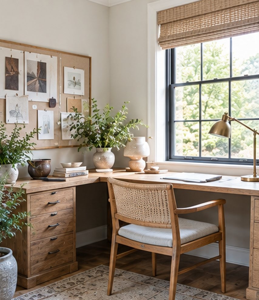 L-shaped oak desk in a corner beside a large window with a cane chair, a cork pinboard with sketches, a brass lamp and plants