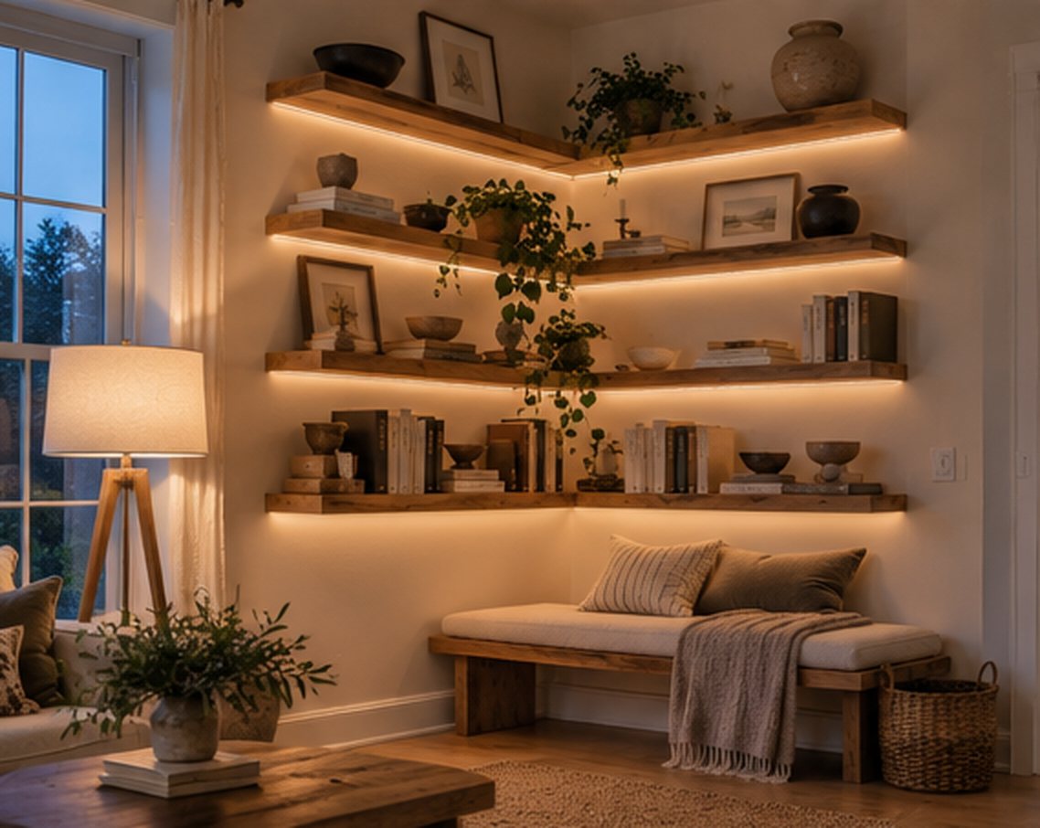 Corner floating shelves at early evening, each lit with a warm LED strip under the front edge that washes light over the books and objects below, with a bench and a floor lamp in the corner and blue dusk through the window
