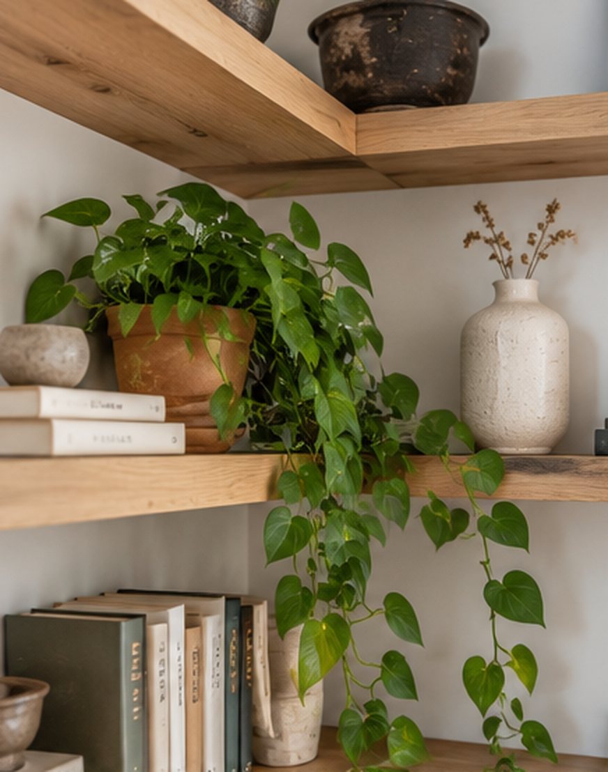 Close-up of the inside corner where two oak floating shelves meet, with a pothos in a terracotta pot on one side whose vines trail across the corner and down over the shelf below, next to a cream vase and a stack of books