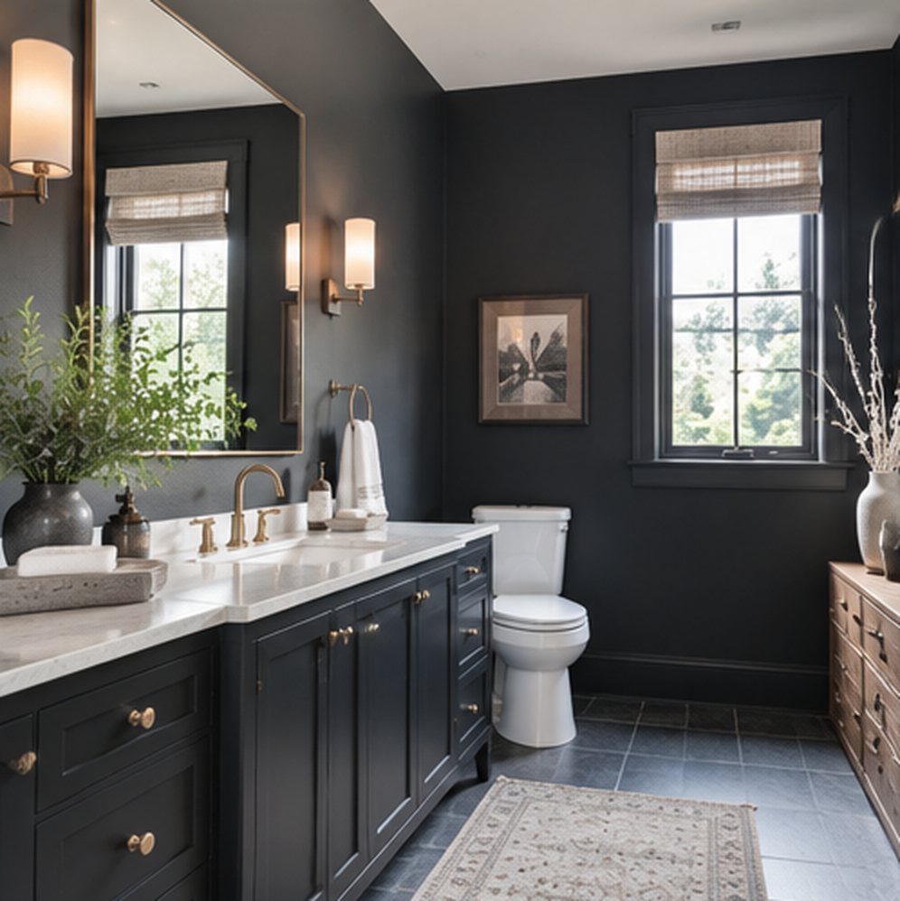 Dark bathroom with near black walls and a white ceiling, a large mirror reflecting the window, brass wall lights, a marble vanity, white towels and a plant