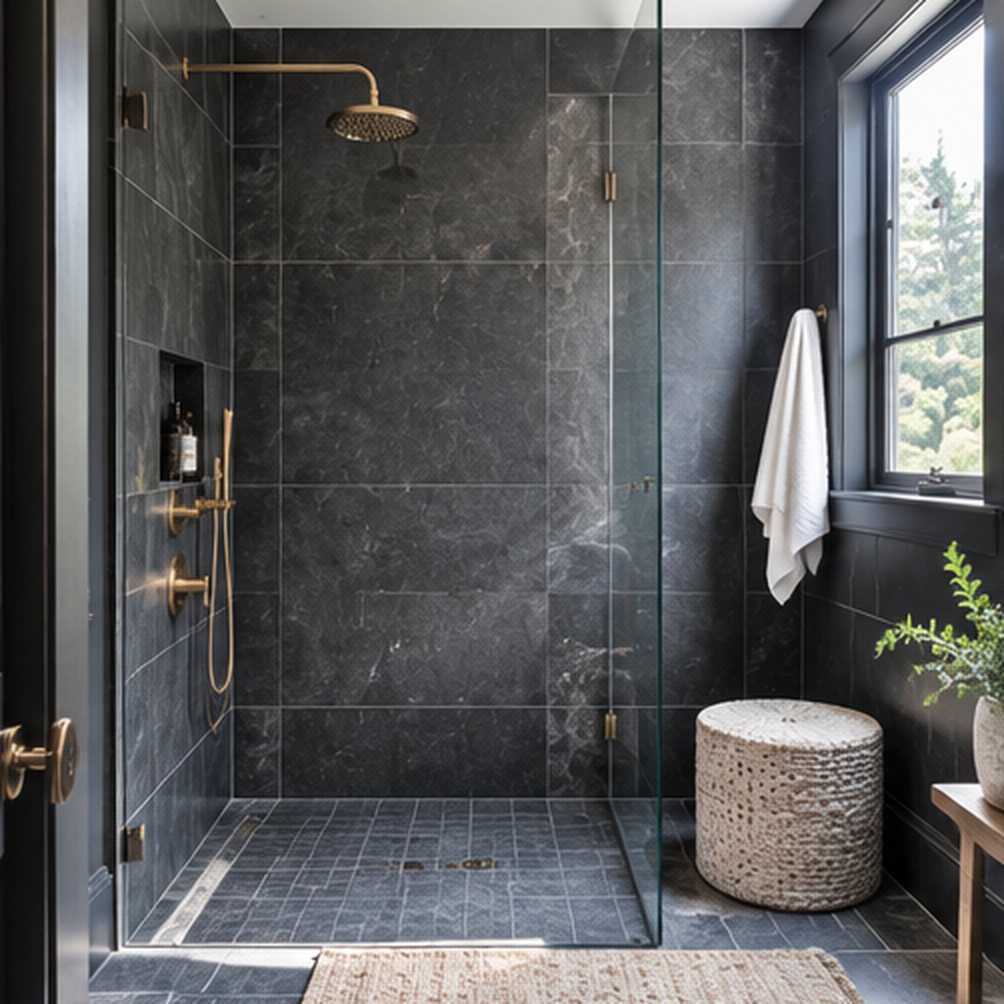 Walk-in shower with large dark grey stone tiles, a brushed brass rain shower head and fittings, a clear glass screen, a niche, a white towel and a woven stool beside it