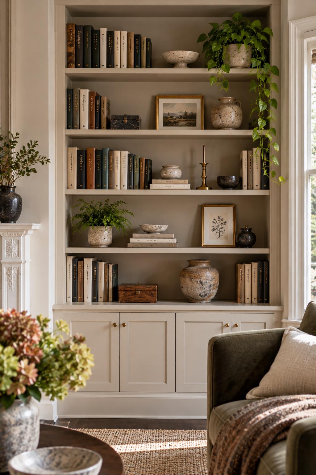 Living room alcove bookshelves painted soft plaster pink with books and a single object on each shelf