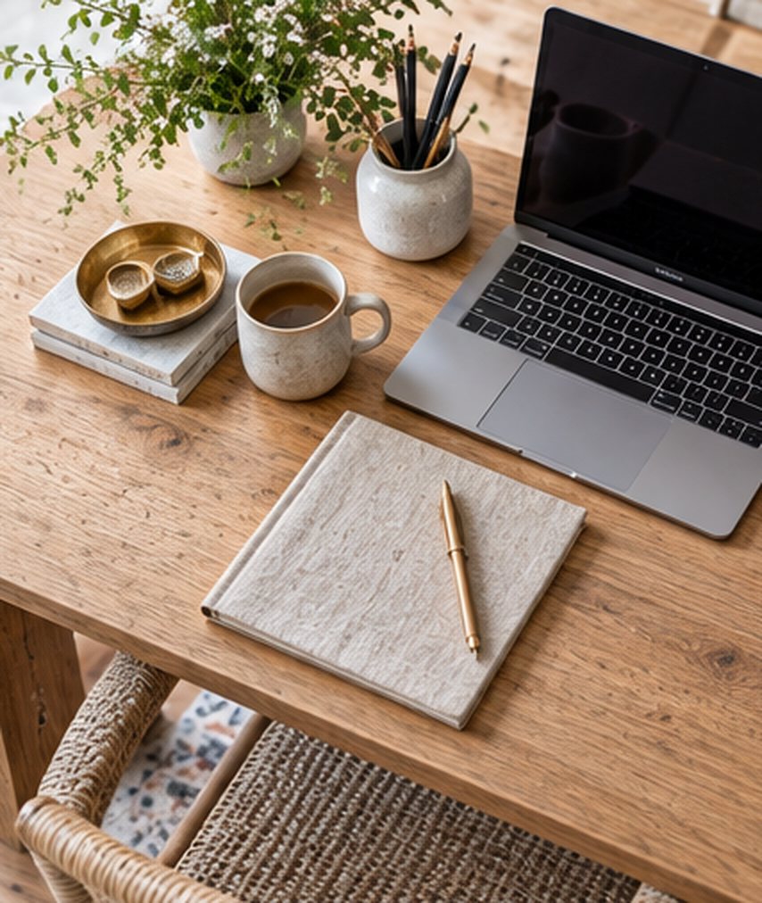 Top-down view of an oak desk with an open laptop, a linen notebook and gold pen, a mug of coffee, a ceramic pencil pot, a small brass tray on a stack of notebooks and a plant