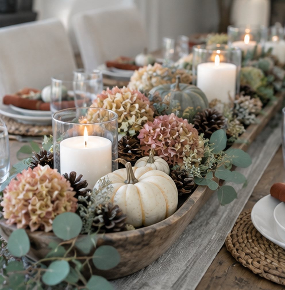 Close-up of a long wooden dough bowl on a linen runner, packed with white and sage pumpkins, pinecones, dried pink and cream hydrangea and eucalyptus, with two white pillar candles in glass hurricanes