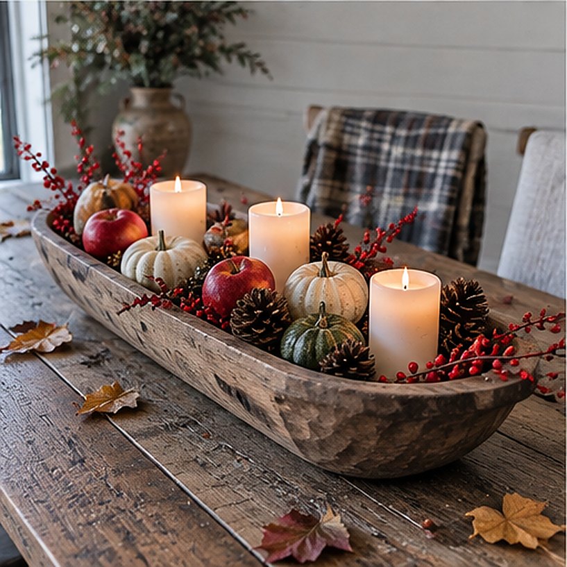 Long wooden dough bowl filled with small pumpkins, red apples, pine cones, red berry sprigs and three pillar candles on a rustic wood table