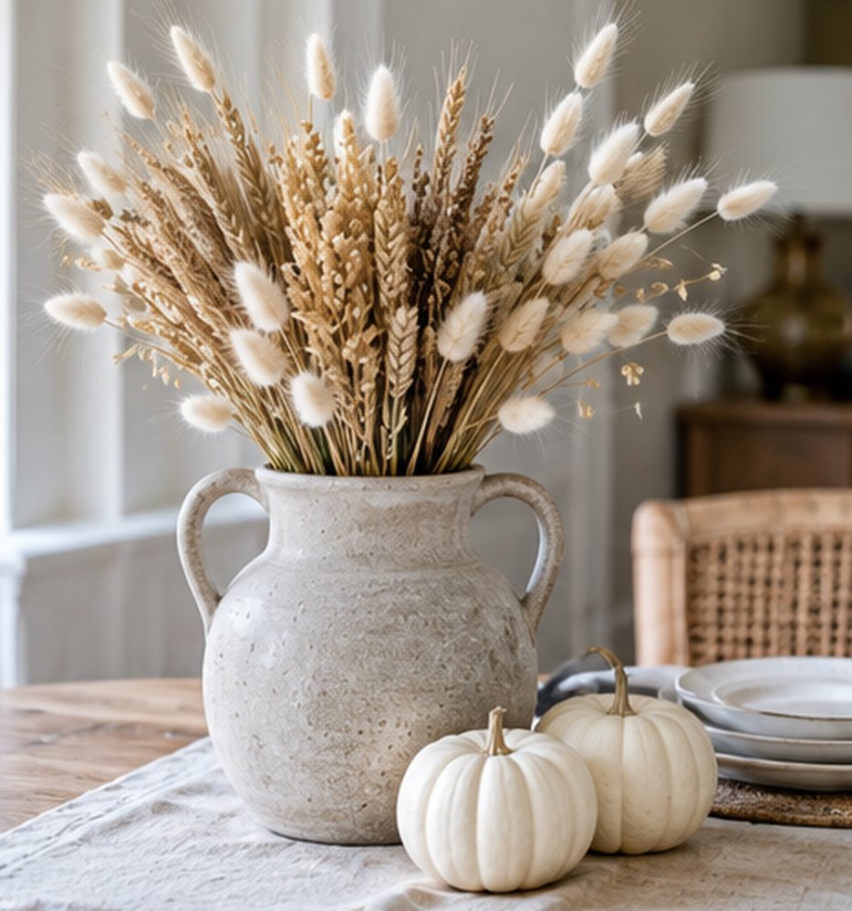 Stoneware jug with two handles filled with dried wheat and bunny tail grass on a linen runner beside two small white pumpkins and a stack of plates