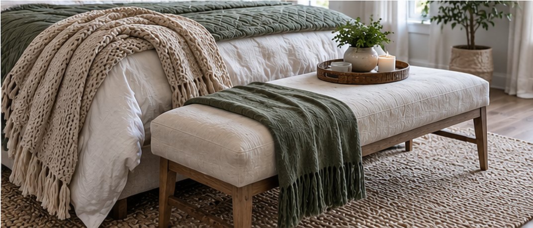 Cream upholstered bench at the foot of a bed with a folded sage green throw and a woven tray holding a small plant and a candle, beside a draped oatmeal knit throw