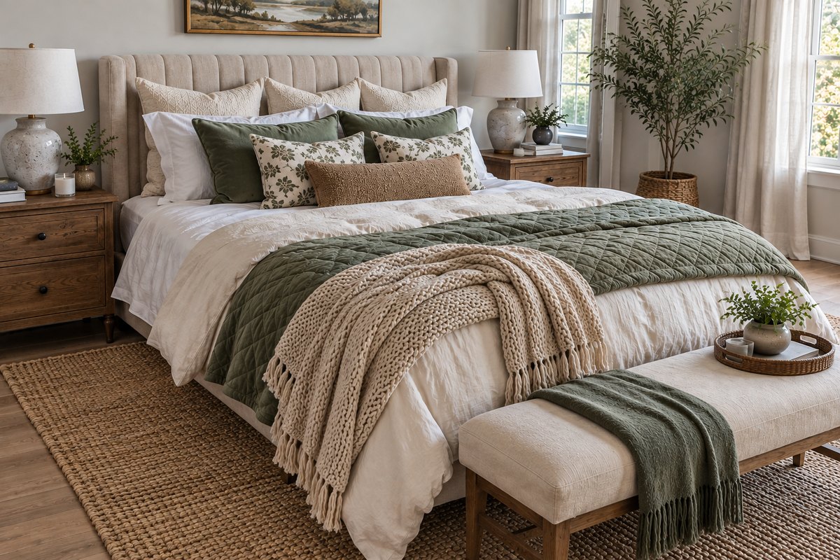 Fall bedding combo on a bed with a cream channel headboard: cream duvet, sage green quilted coverlet, chunky oatmeal knit throw, and pillows in cream, sage velvet, green floral and tan, with a cream bench at the foot