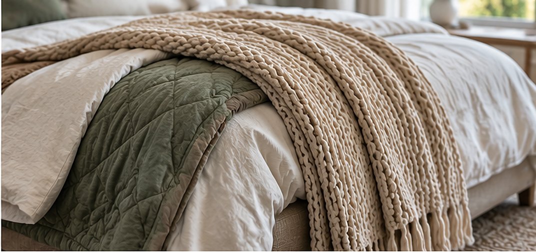 Close-up of fall bedding layers at the foot of a bed: cream duvet, sage green diamond-quilted coverlet and a chunky oatmeal knit throw with fringe