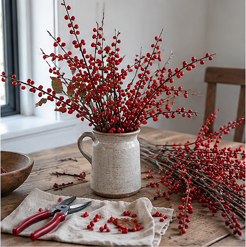 Stoneware jug of red berry branches on a wood table with extra cut branches, garden pruners and loose red berries on a linen tea towel