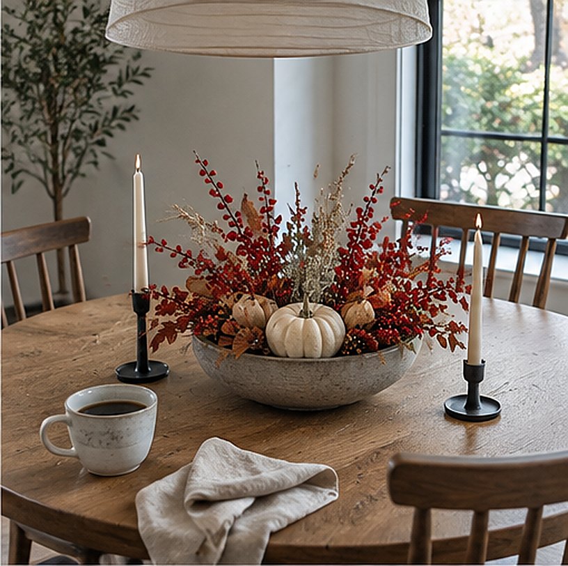 Low fall centerpiece of red berry sprigs, small white pumpkins and dried grasses in a stoneware bowl on a round wood table, with two black taper candle holders and a mug of coffee
