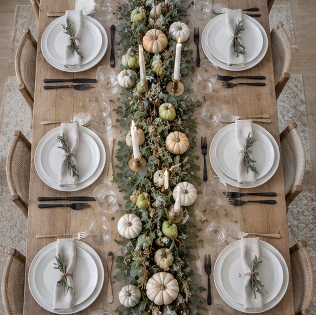 Overhead view of a long narrow wooden table with a loose garland of eucalyptus and greenery down the middle, dotted with small white pumpkins, pears and tall white taper candles in brass holders, and simple white place settings with linen napkins on both sides