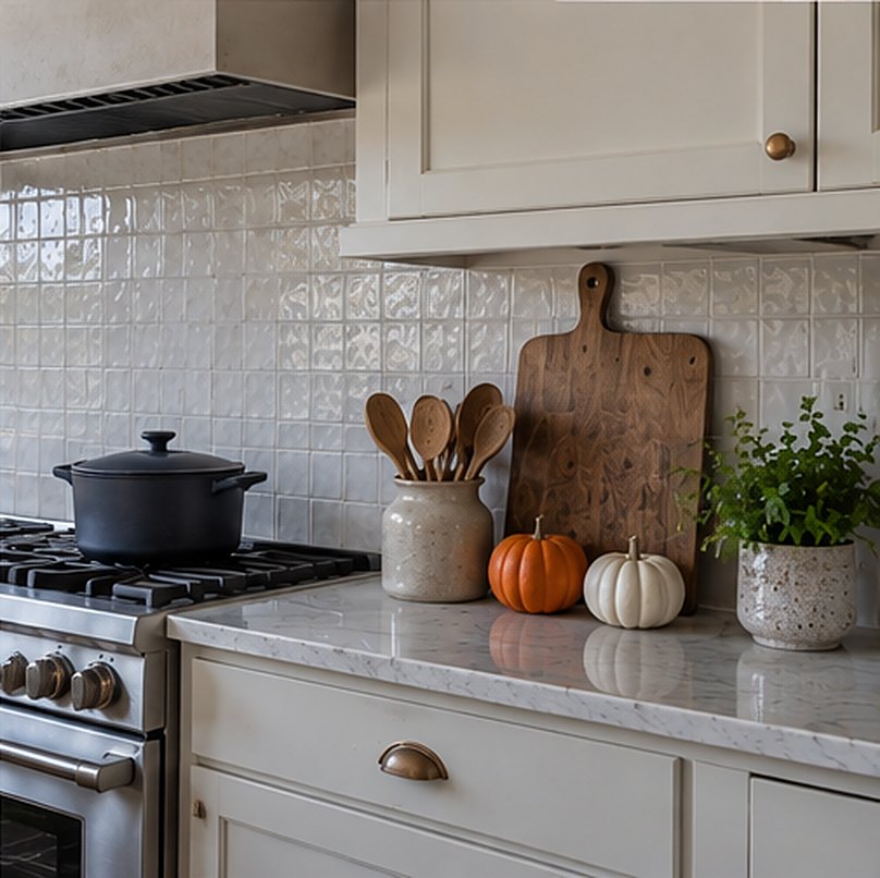 Back of a marble kitchen counter beside the range, with a wooden cutting board leaning against the tile, a crock of wooden spoons, a small orange pumpkin, a white pumpkin and a potted herb