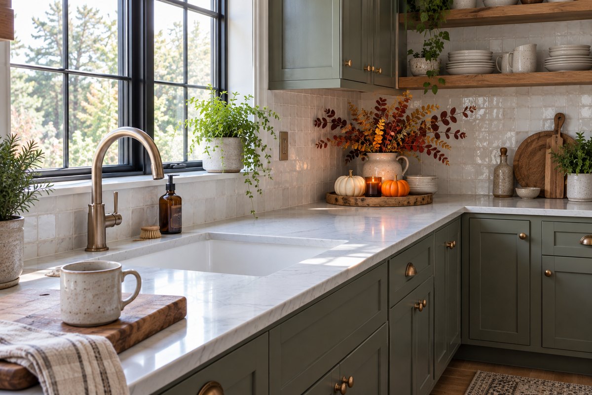 Sage green kitchen with a clear marble counter and one wood tray in the corner holding a jug of rust and burgundy leaves, a white pumpkin, an orange pumpkin and a candle, with open oak shelves above