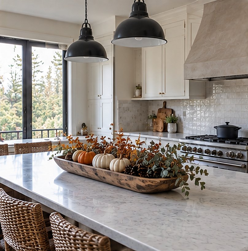 Kitchen island with one long wooden dough bowl in the center holding small pumpkins, pine cones and autumn eucalyptus, with woven counter stools and black pendant lights above