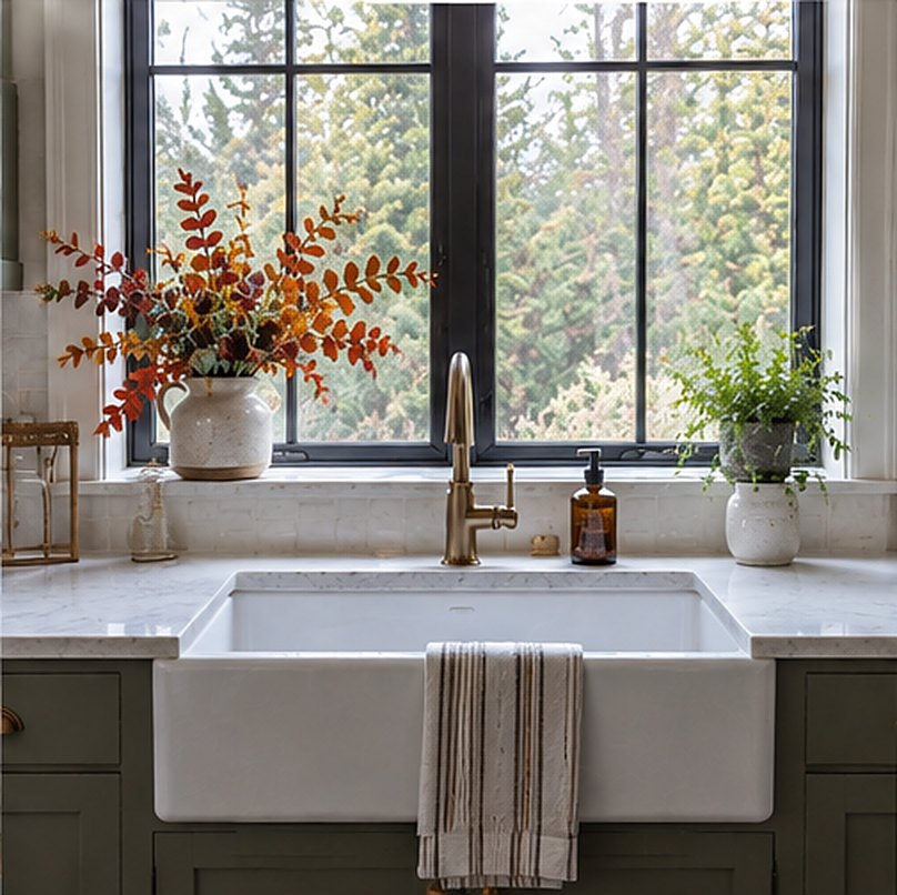 White farmhouse sink under a black-framed window, with a jug of autumn leaves on the counter to one side, potted plants and a striped tea towel hanging on the sink