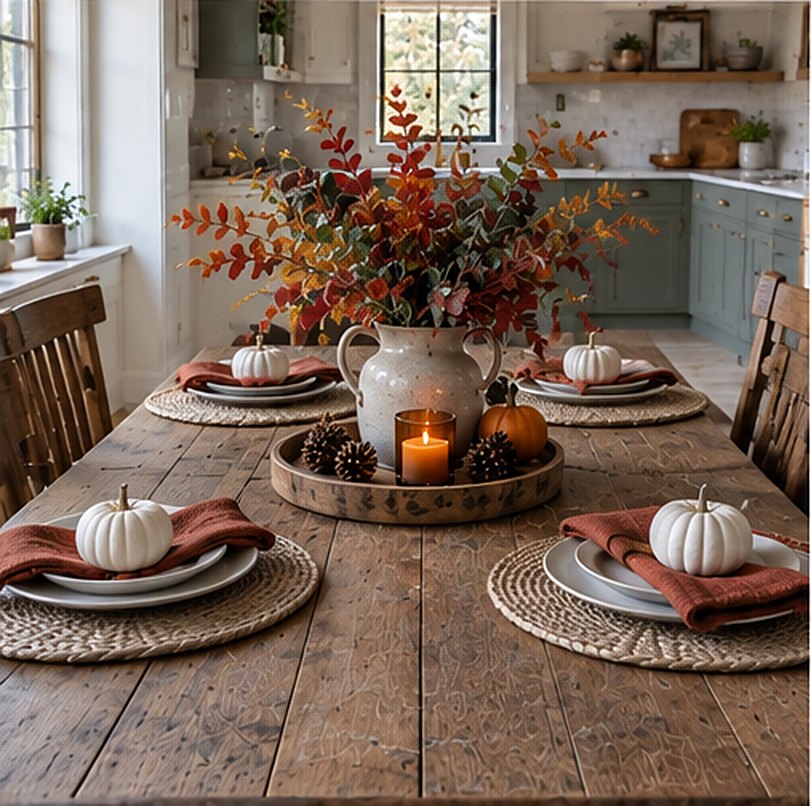 Farmhouse kitchen table with woven placemats, cream plates, rust napkins and a small white pumpkin on each plate, around a wood tray with a jug of autumn leaves, a pumpkin, pine cones and a candle