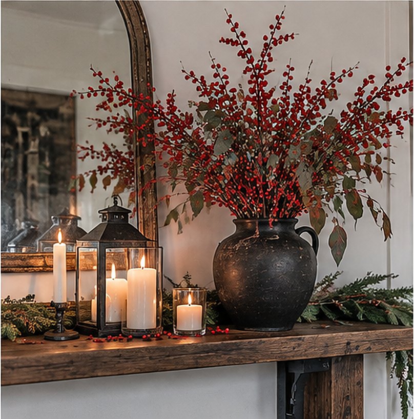 Red berry branches with autumn leaves in a large black vase on a wood mantel with black lanterns, pillar candles in glass and pine greenery