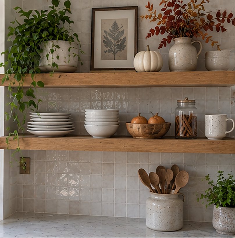 Open oak kitchen shelves with stacked white plates and bowls, a vase of red autumn leaves, a white pumpkin, a bowl of pears, a jar of cinnamon sticks and a small leaf print, above a clear counter
