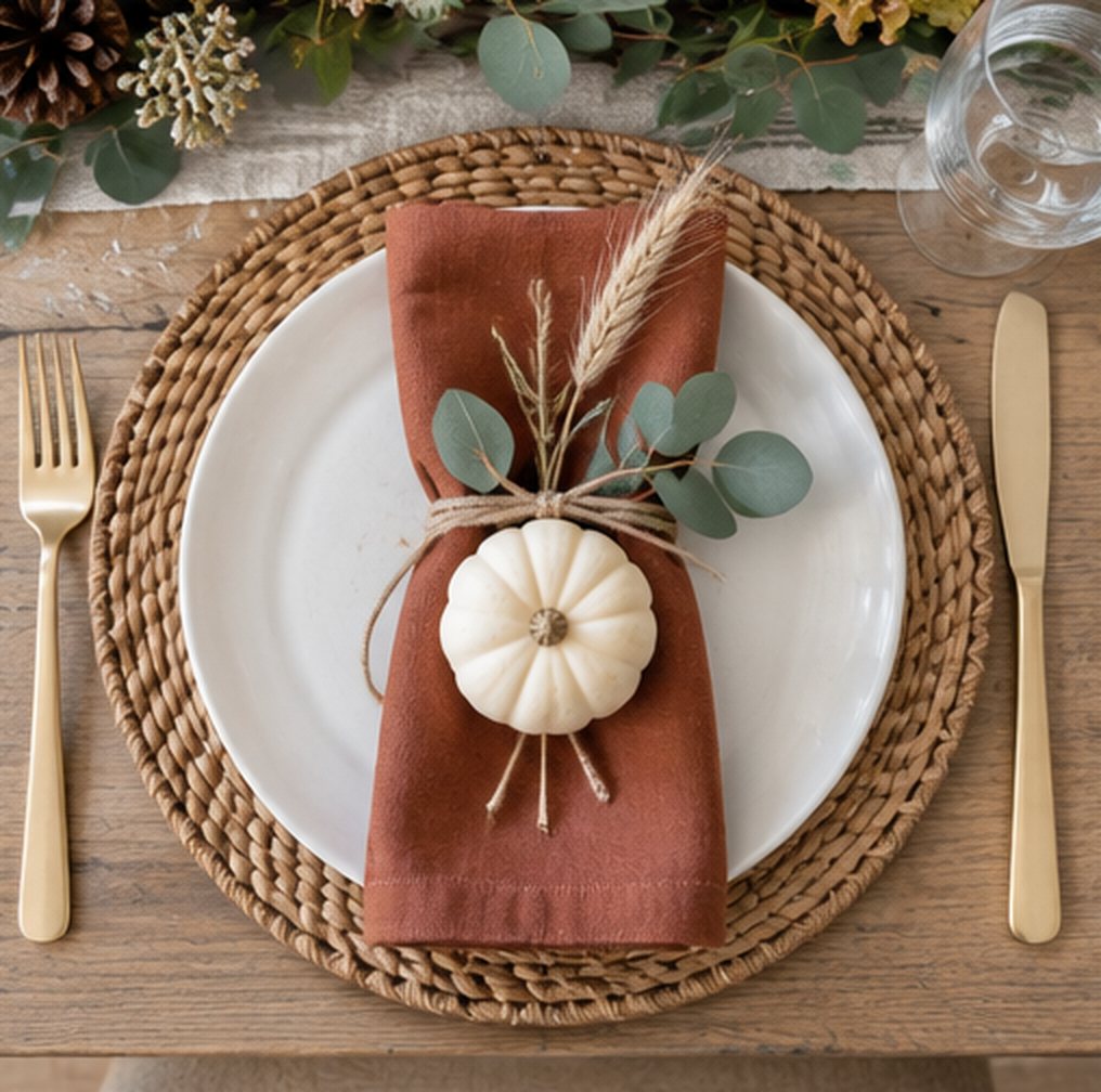 Close-up of a place setting with a round woven charger, white plate and rust linen napkin tied around the middle with garden twine, holding a sprig of eucalyptus, a stem of dried wheat and a small white pumpkin, with gold cutlery on either side