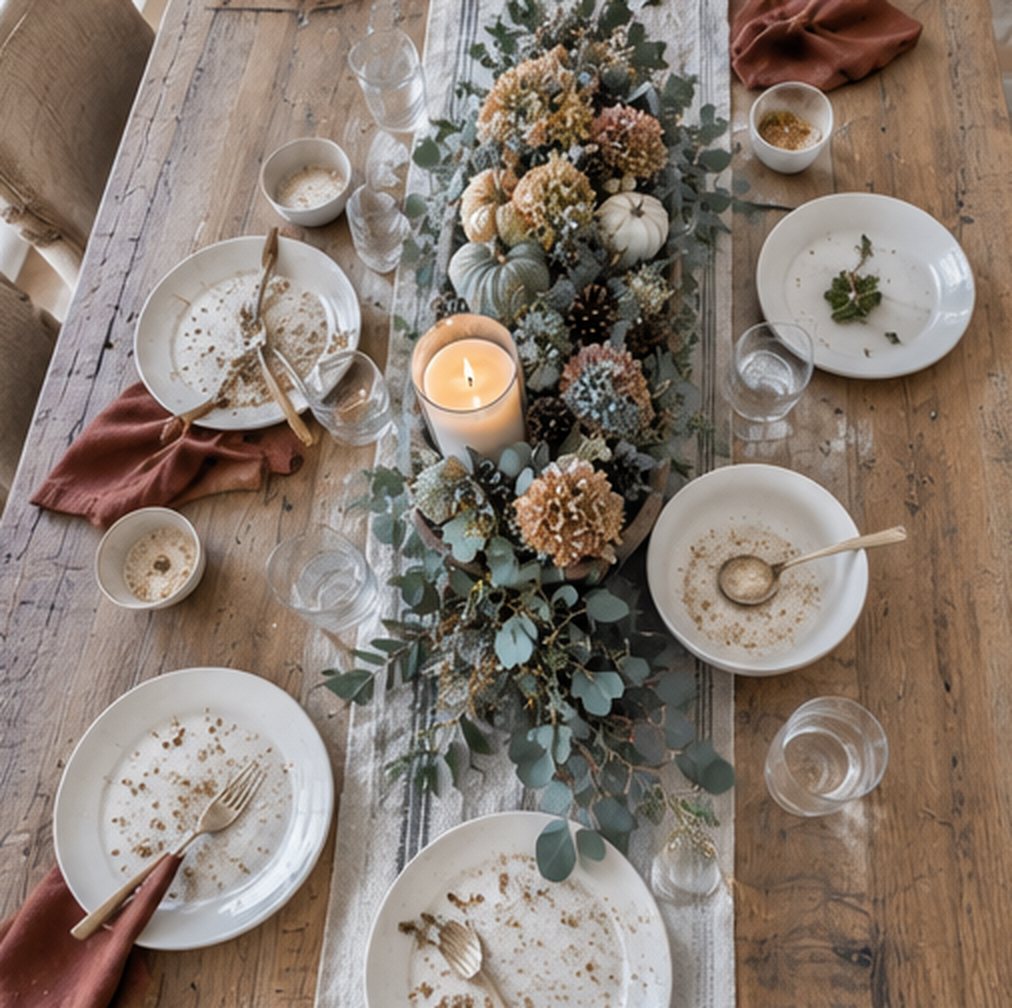 Overhead view of a long wooden table after dinner, with used plates and crumpled rust napkins around the edges and the dough bowl of pumpkins, hydrangea and eucalyptus still sitting whole in the middle