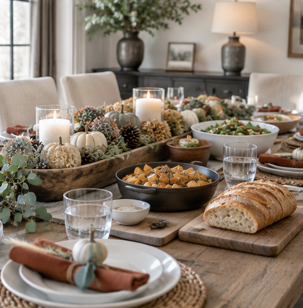 A long wooden table set for dinner with a dough bowl of pumpkins, pinecones and candles down the middle and real serving dishes around it: a cast iron pan of roasted squash, a bowl of salad and a board of sliced bread
