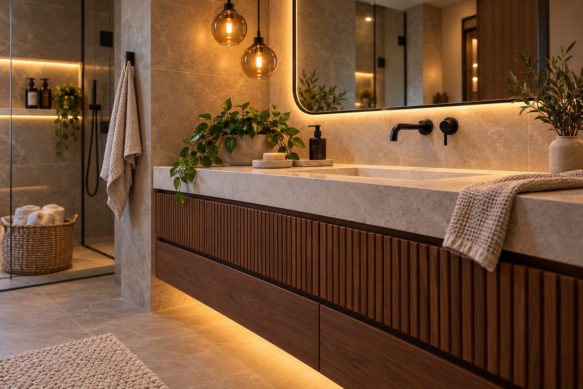Low view of a floating fluted walnut vanity with a thick stone top and a warm LED strip glowing on the floor underneath