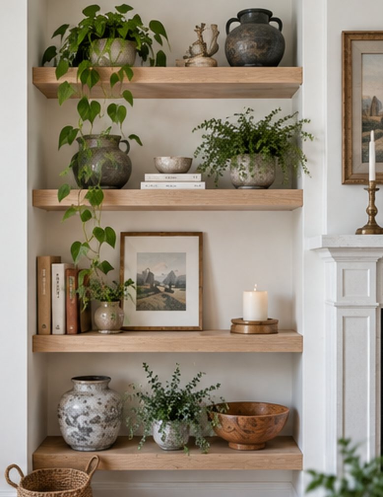 Four oak floating shelves in an alcove beside a white fireplace, styled with books, trailing plants, stoneware vases, a small framed print, a candle and wooden bowls