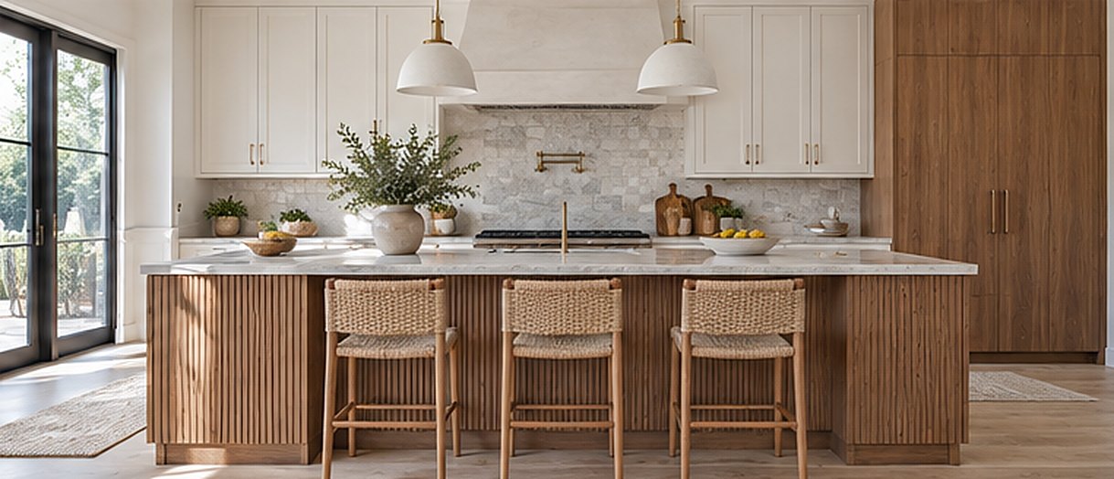 Straight-on view of a kitchen with a light oak fluted island and three woven stools, white shaker upper cabinets and range hood behind, and a tall flat wood pantry on the right