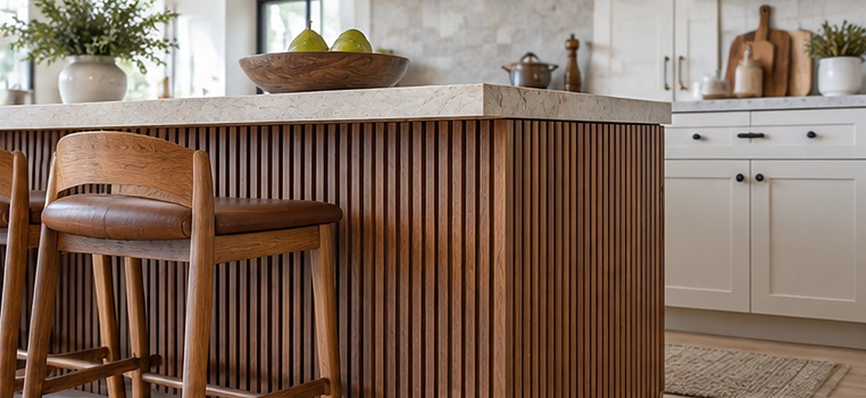 Close-up of a walnut kitchen island with narrow vertical fluting, a cognac leather counter stool, a wood bowl of green apples on a white counter, and white shaker cabinets behind