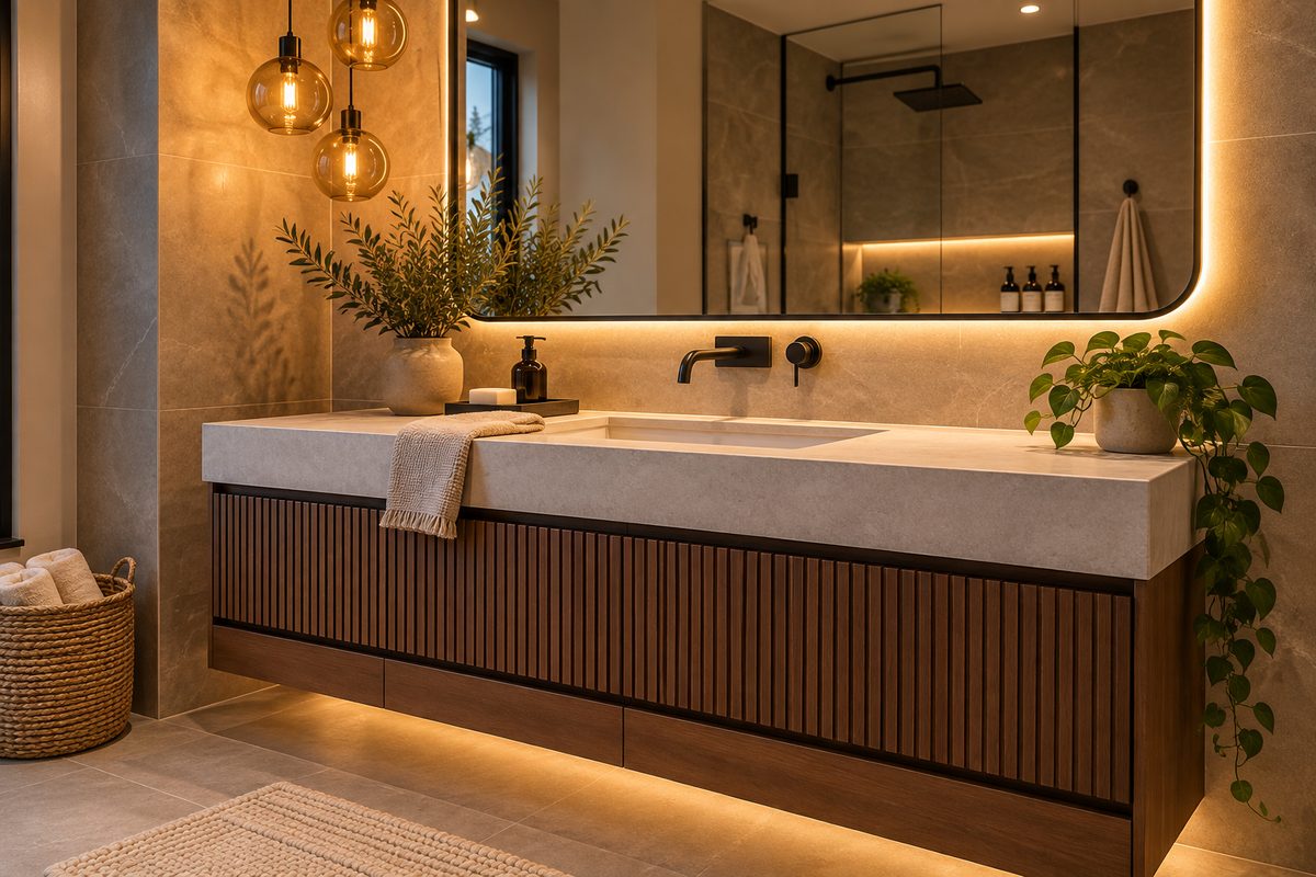 Floating fluted walnut vanity with a pale stone top, matte black wall faucet, backlit mirror and three amber glass pendants
