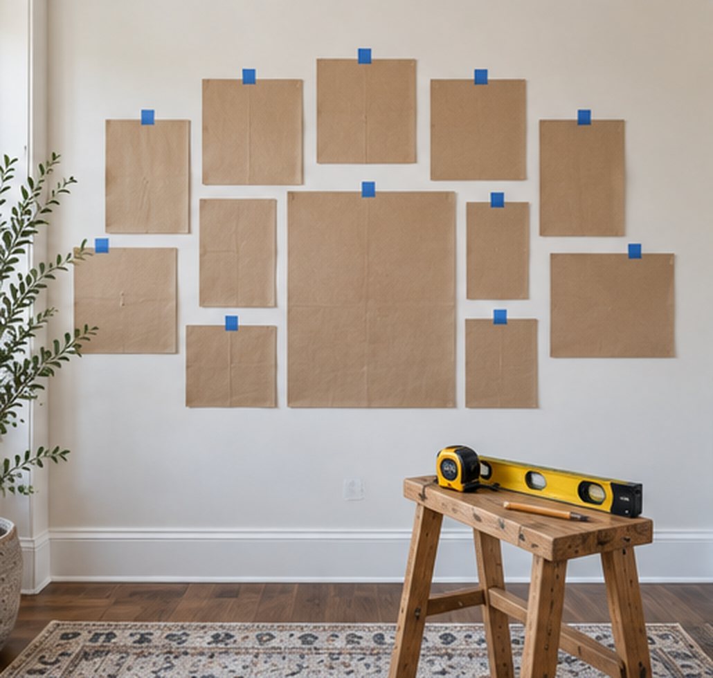 Brown paper templates of different sizes taped to a white wall in a gallery wall layout, with a stool below holding a tape measure, a spirit level and a pencil