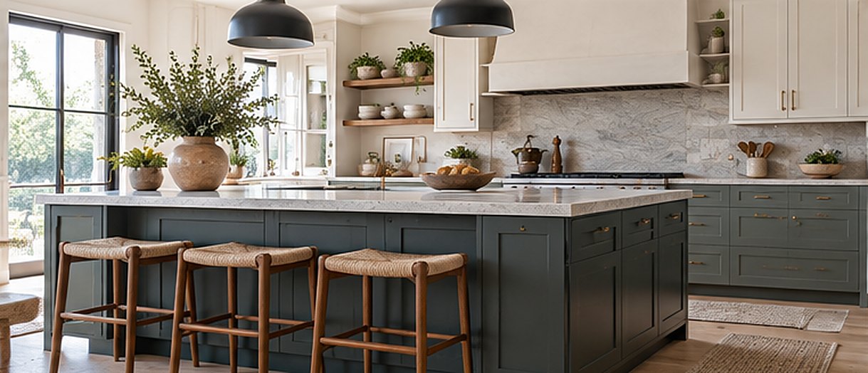 Deep green shaker kitchen island with woven rush counter stools, black pendant lights and white upper cabinets, with matching green base cabinets along the wall