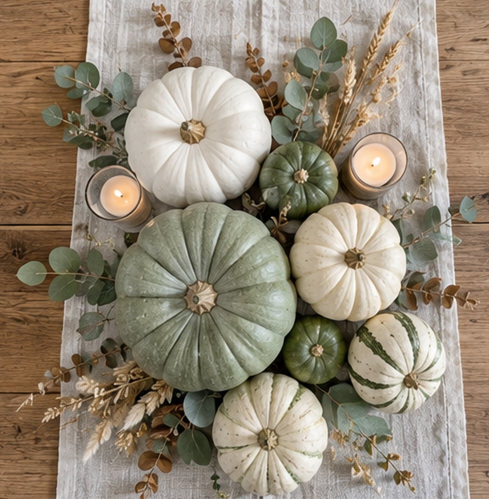 Top-down view of sage green and white pumpkins, eucalyptus, dried wheat and two tealights arranged flat on a linen table runner on a wooden table