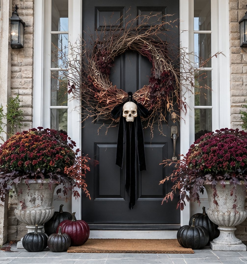 Black front door with a large loose wreath of bare twigs and dark burgundy leaves with a small skull tied in with black velvet ribbon, stone urns of burgundy mums and black and burgundy pumpkins on the step