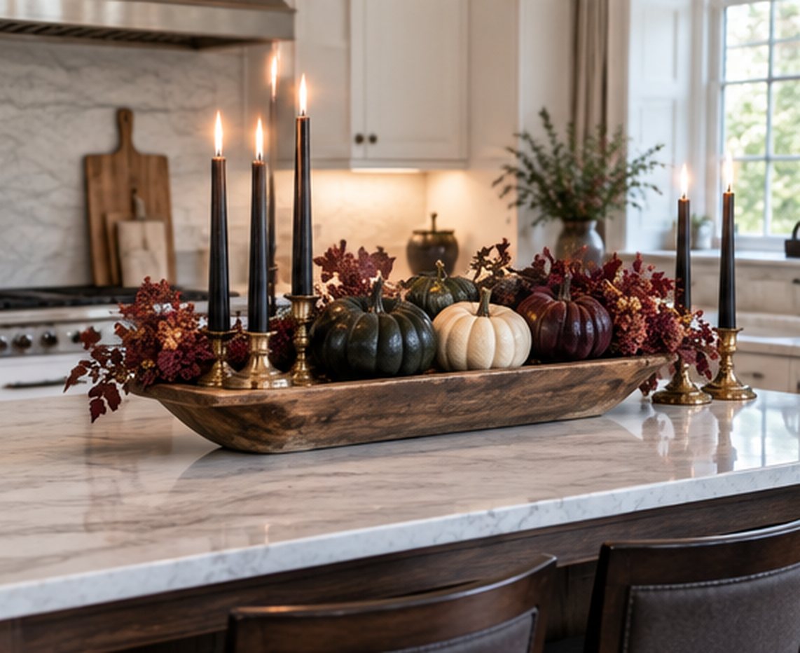 Marble kitchen island with a long wooden dough bowl of black, green and white pumpkins and dark burgundy flowers between black taper candles in brass holders