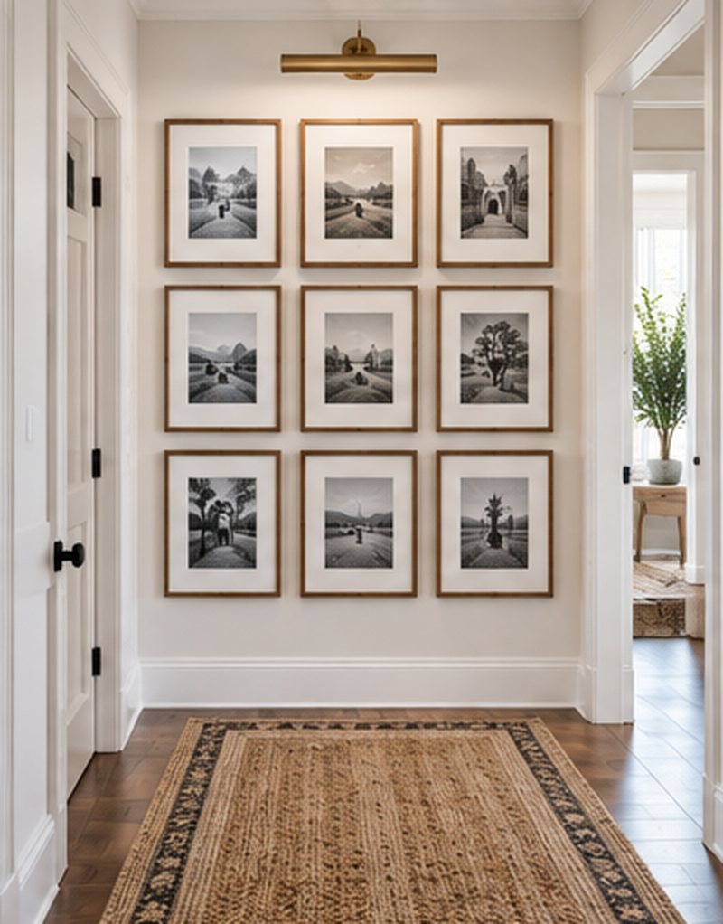 Narrow hallway with nine matching oak frames in a perfect 3x3 grid of black and white photos with white mats, a brass picture light above and a runner rug below