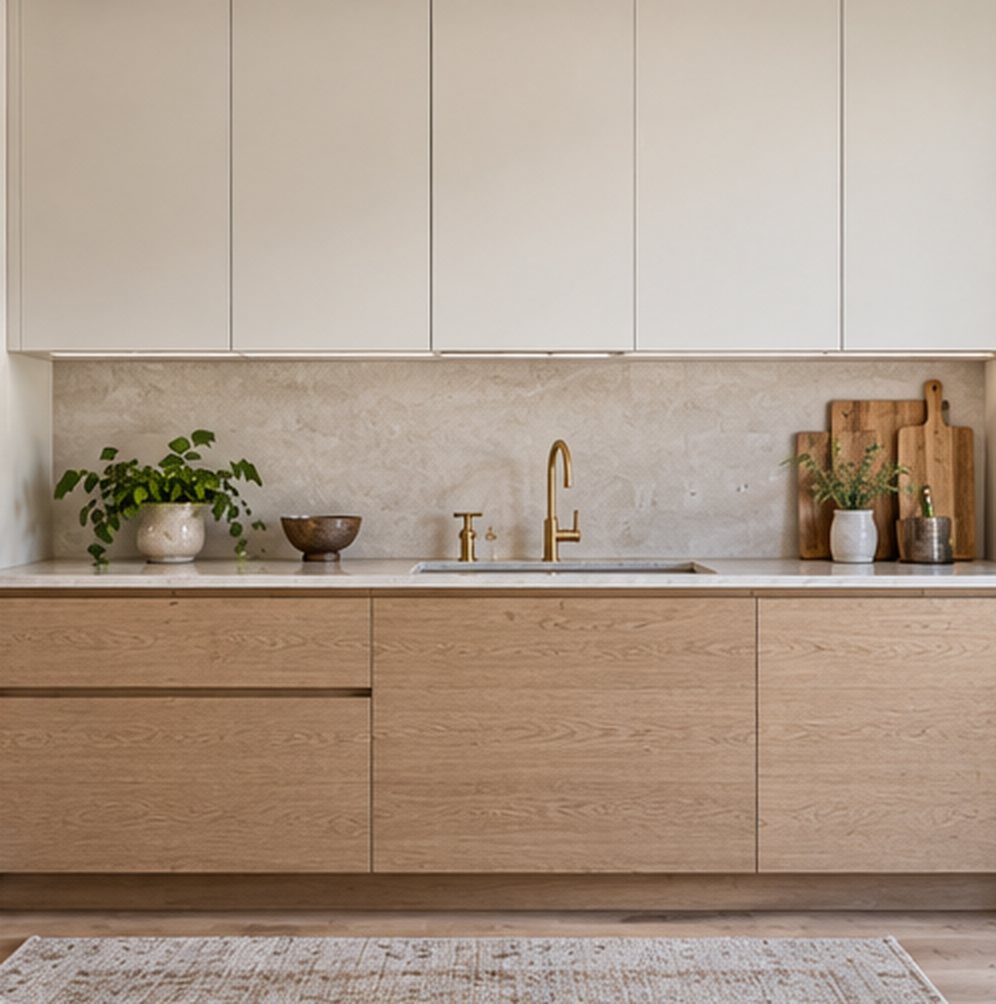 Modern kitchen with handleless oak slab base cabinets, warm white handleless upper cabinets, a pale stone backsplash and a brass tap