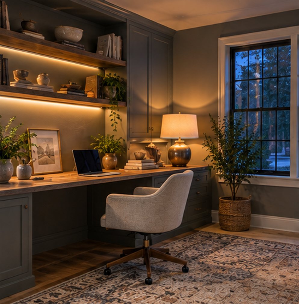 Home office in the evening with warm LED strips under the shelves, a glowing table lamp on the desk, a floor plant, an upholstered swivel chair and a dark blue window