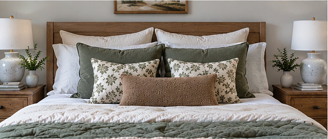Front view of a bed with pillows arranged in rows: cream euro shams at the back, white sleeping pillows, sage green velvet shams, green floral accent pillows and a tan lumbar pillow at the front
