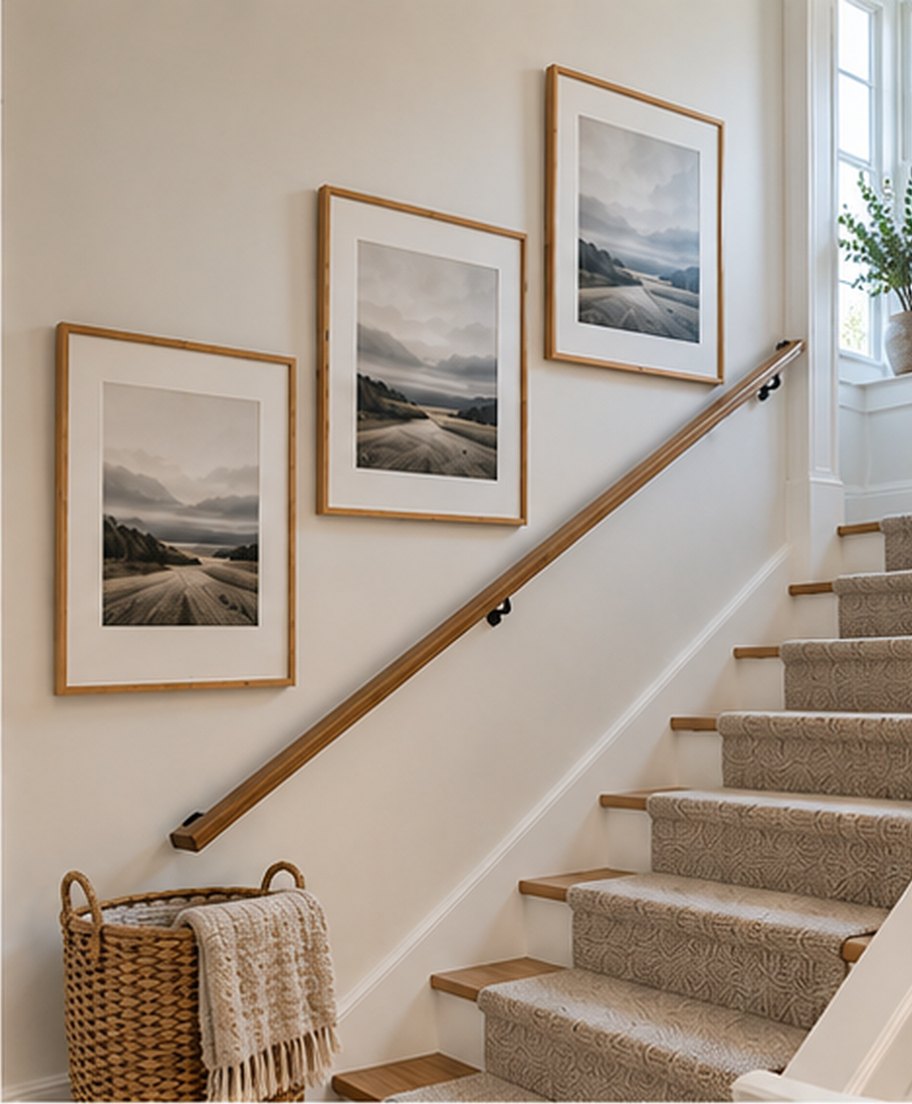Three matching oak frames holding misty landscape prints, each hung one step higher than the last, parallel to a slim wall handrail above a carpeted stair