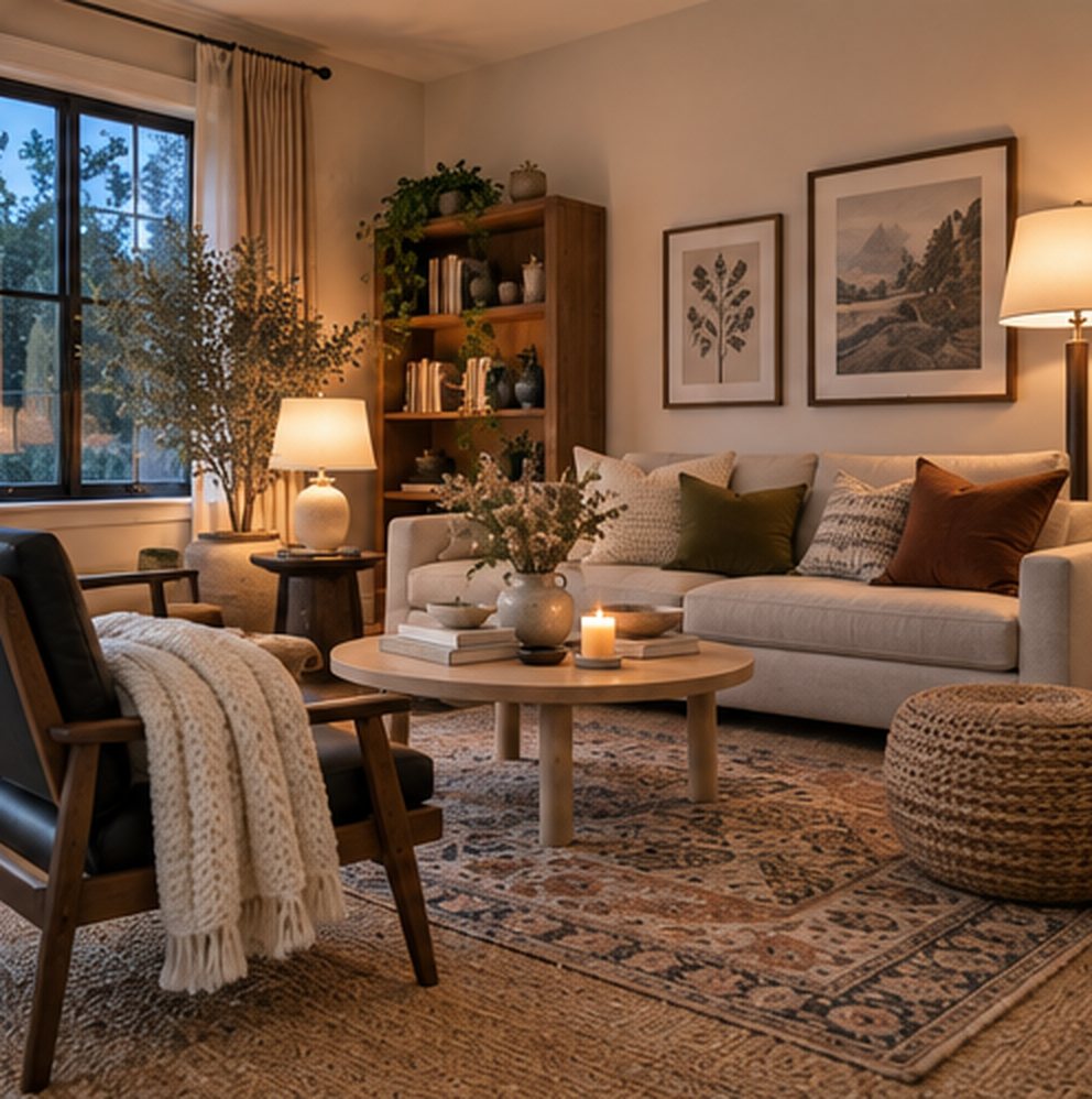 The same living room in the evening with a table lamp, a floor lamp and a candle lit, warm light on the sofa, cushions and rug, and blue dusk through the window