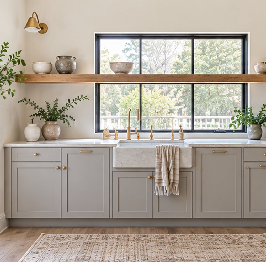 Kitchen sink wall with greige base cabinets, a farmhouse sink, a large black framed window, one long oak shelf across the window with stoneware, and plants on the counter