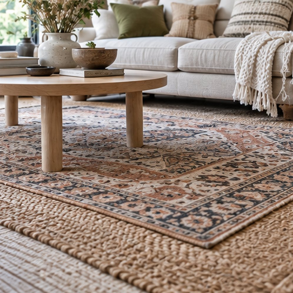Low view of a patterned rug in rust, cream and navy layered on top of a large woven jute rug, with the legs of a round wood coffee table and a cream sofa with cushions and a knit throw