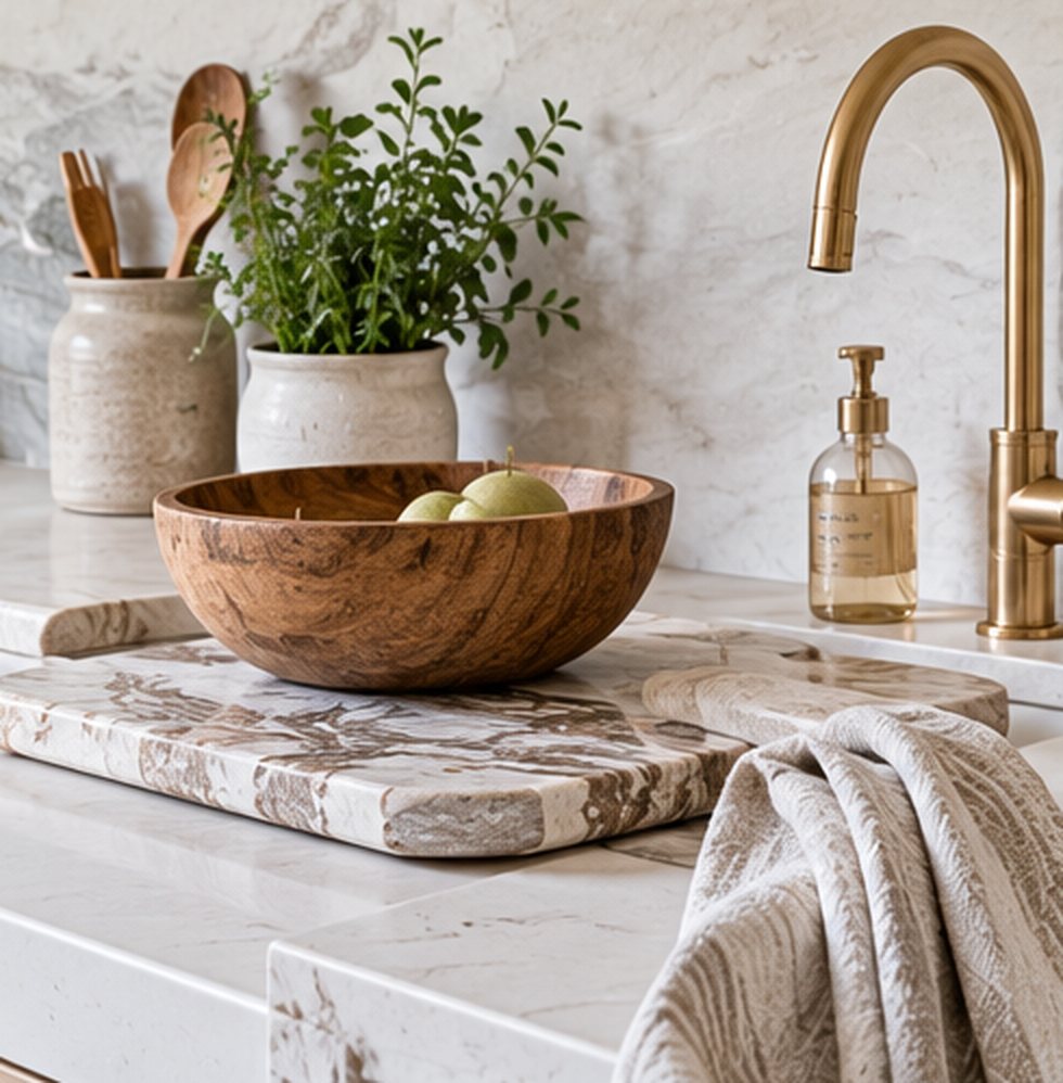 Close-up of a marble countertop with a live-edge marble board, a wooden bowl of pears, a crock of wooden spoons, a plant, a glass soap bottle, a linen tea towel and a curved brass tap
