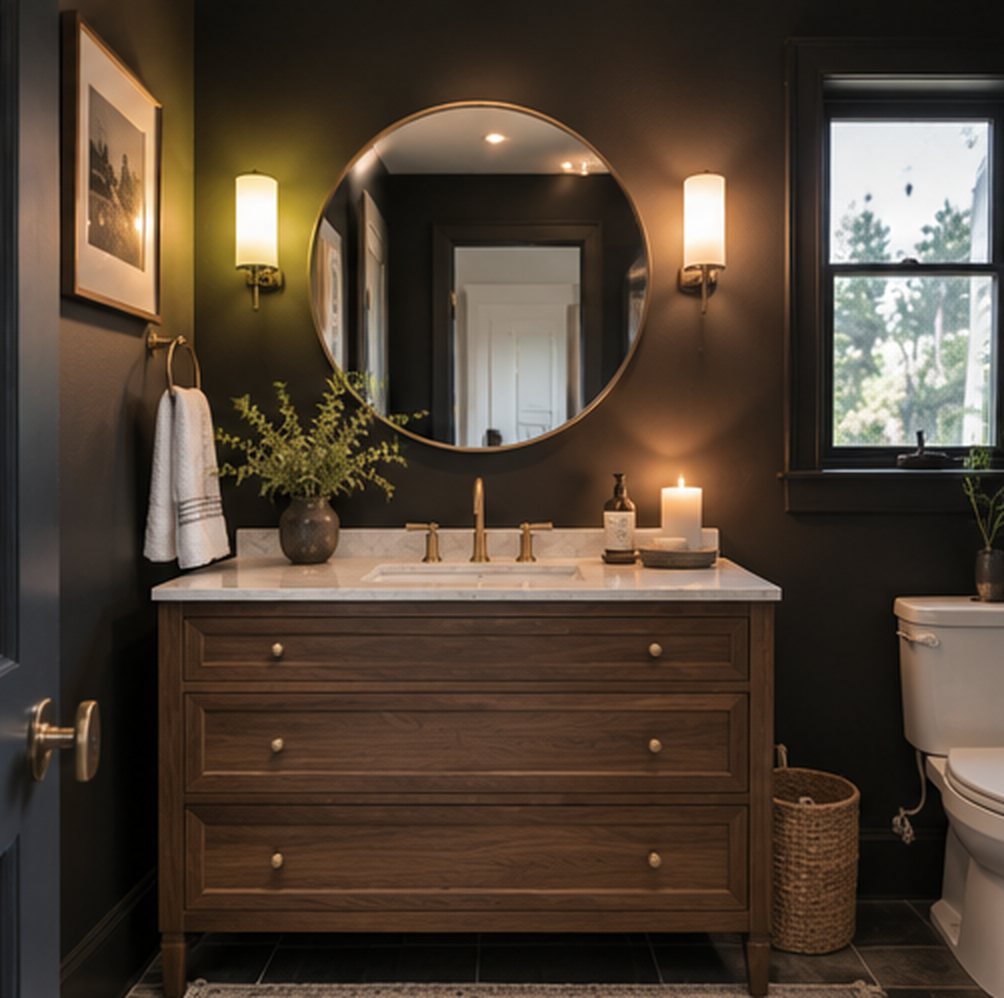 The same near black bathroom in the evening, lit by two brass wall lights and a candle on the vanity, with the walnut glowing warm