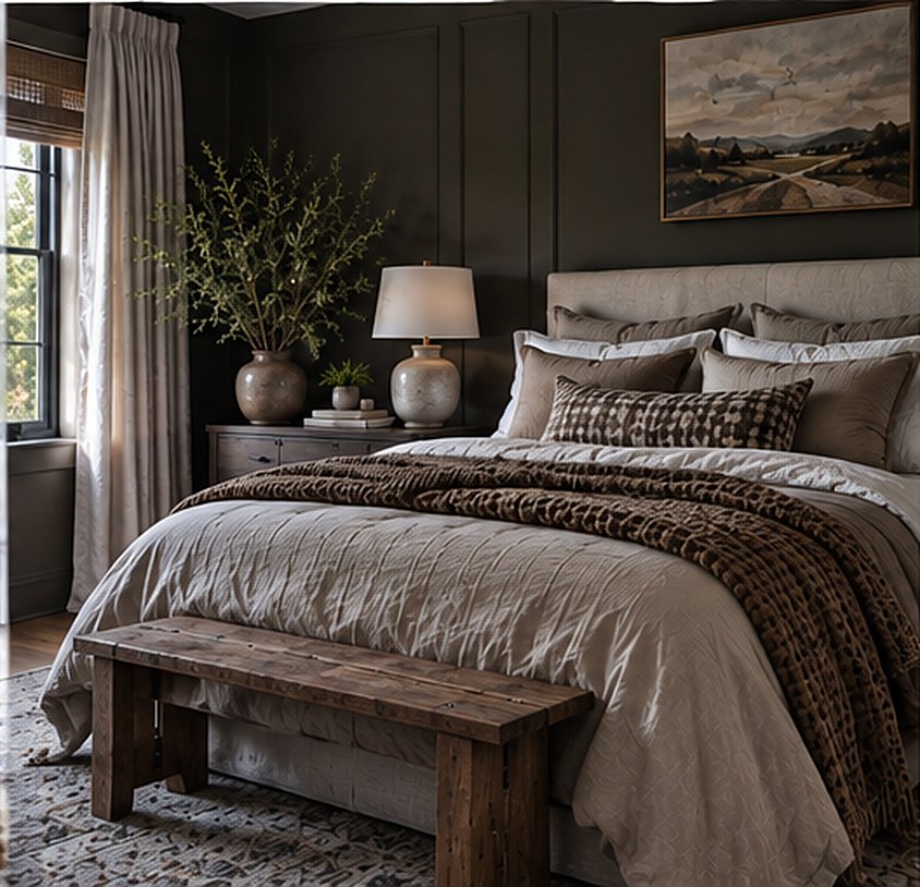 Moody bedroom with dark taupe paneled walls, a stone upholstered bed with brown bedding, a rustic wood bench, a landscape painting and an olive branch arrangement