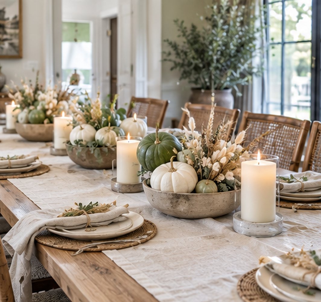Long wooden dining table with a linen runner and three small stoneware bowls of green and white pumpkins and dried grasses spaced down the middle, with pillar candles in glass between them