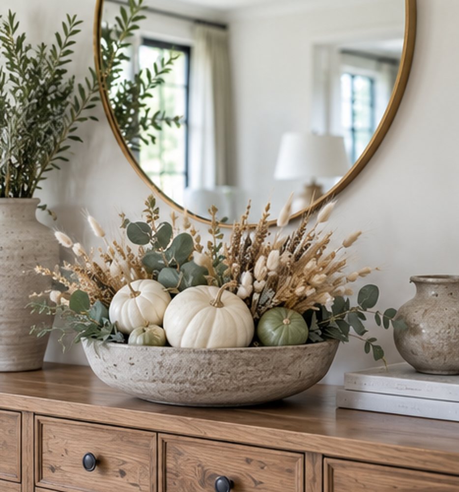 Wooden sideboard with a stoneware bowl of white and green pumpkins, dried wheat and eucalyptus, a stoneware vase of greenery and a large round brass mirror above