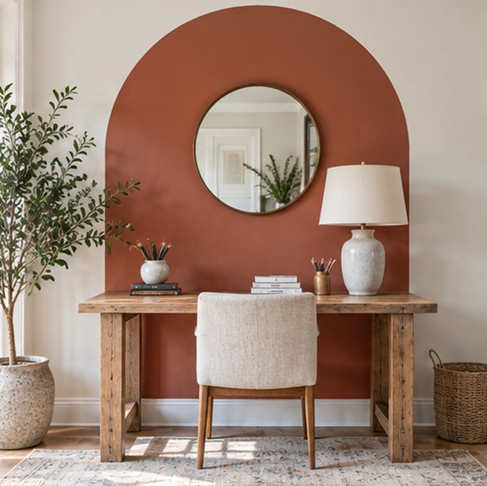 Simple oak desk against a wall with a painted terracotta arch behind it, a round mirror inside the arch, a ceramic table lamp, a linen chair, an olive tree and a basket